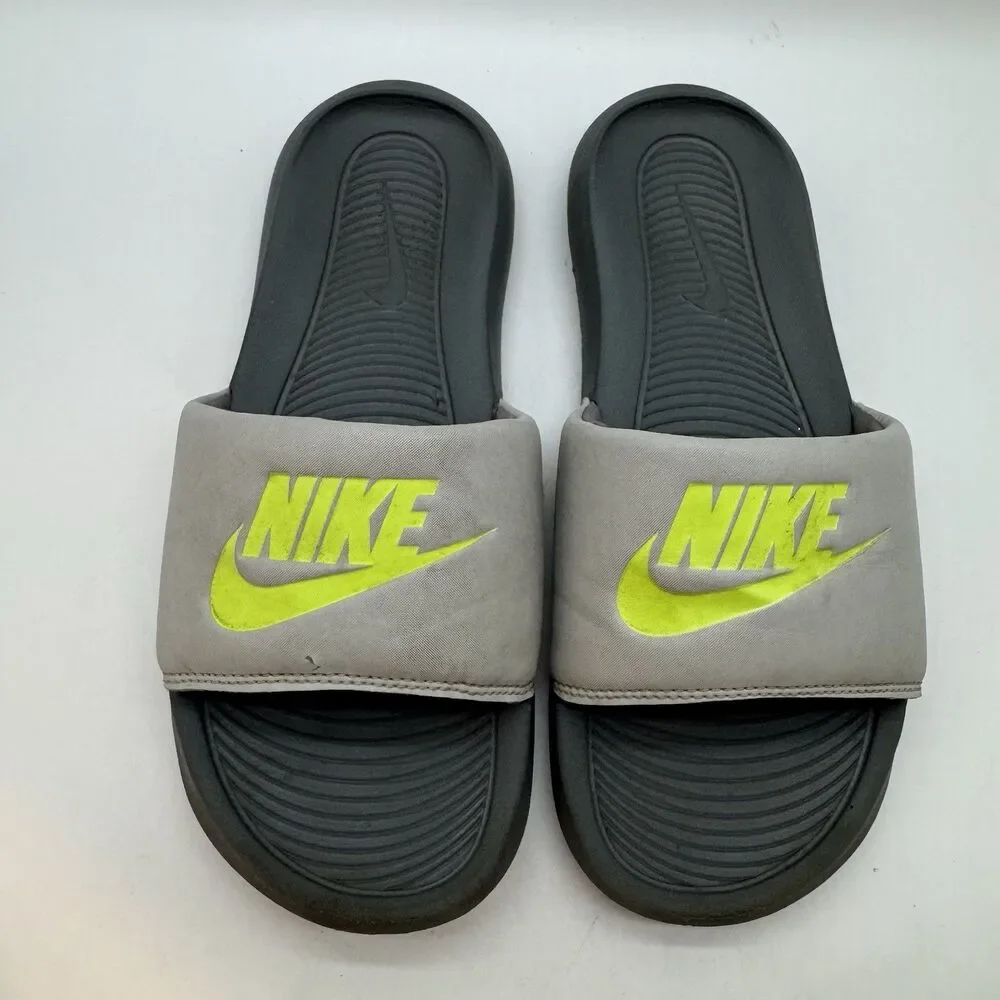 Nike Victori One Slide Sandals Men's 7 Gray Neon Green Slip-On Sport CN9675-011